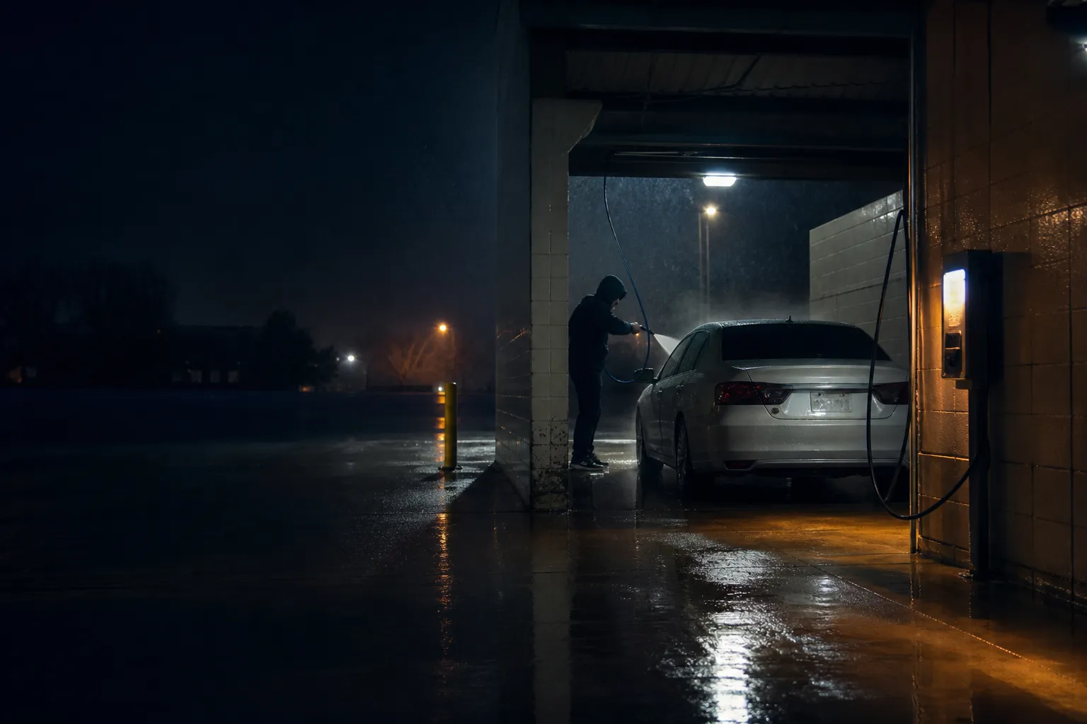 Self-serve car wash bay at night with a glowing card payment terminal